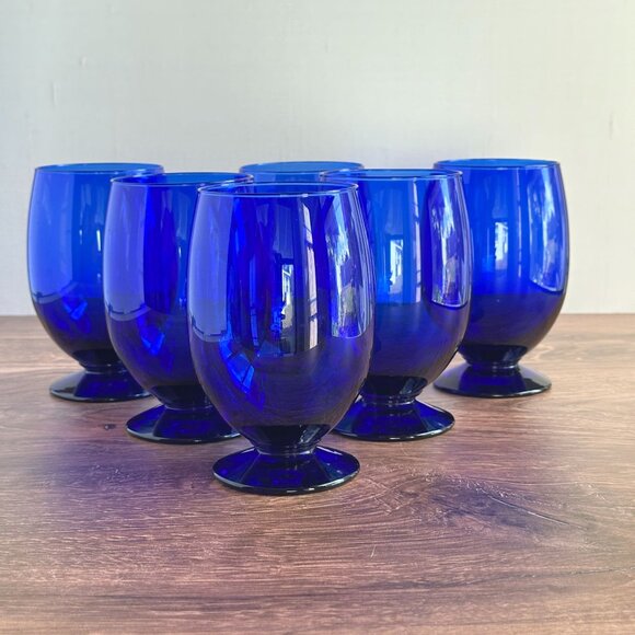 Nybro Glasbruk Cobalt Blue Footed Glasses, Set of 6, Swedish Blown Glass Goblets - Picture 2 of 8
